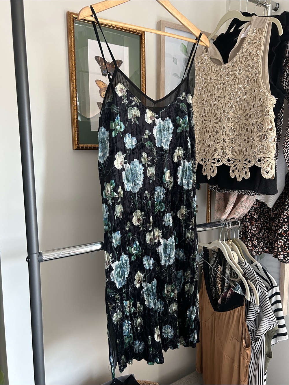 Mystree S black green blue Floral Velvet spaghetti strap Slip Dress